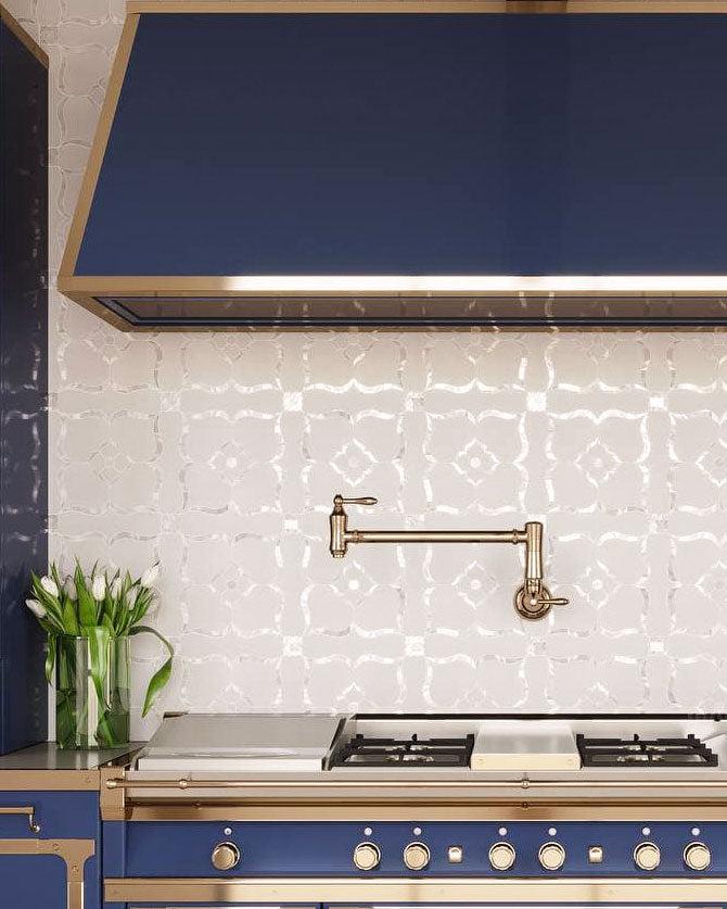 White marble and pearl waterjet mosaic kitchen backsplash