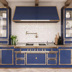 Blue, White, and Gold Kitchen with Pearl Flower White Marble and Shell Waterjet Backsplash over the French Style Double Range and matched hood