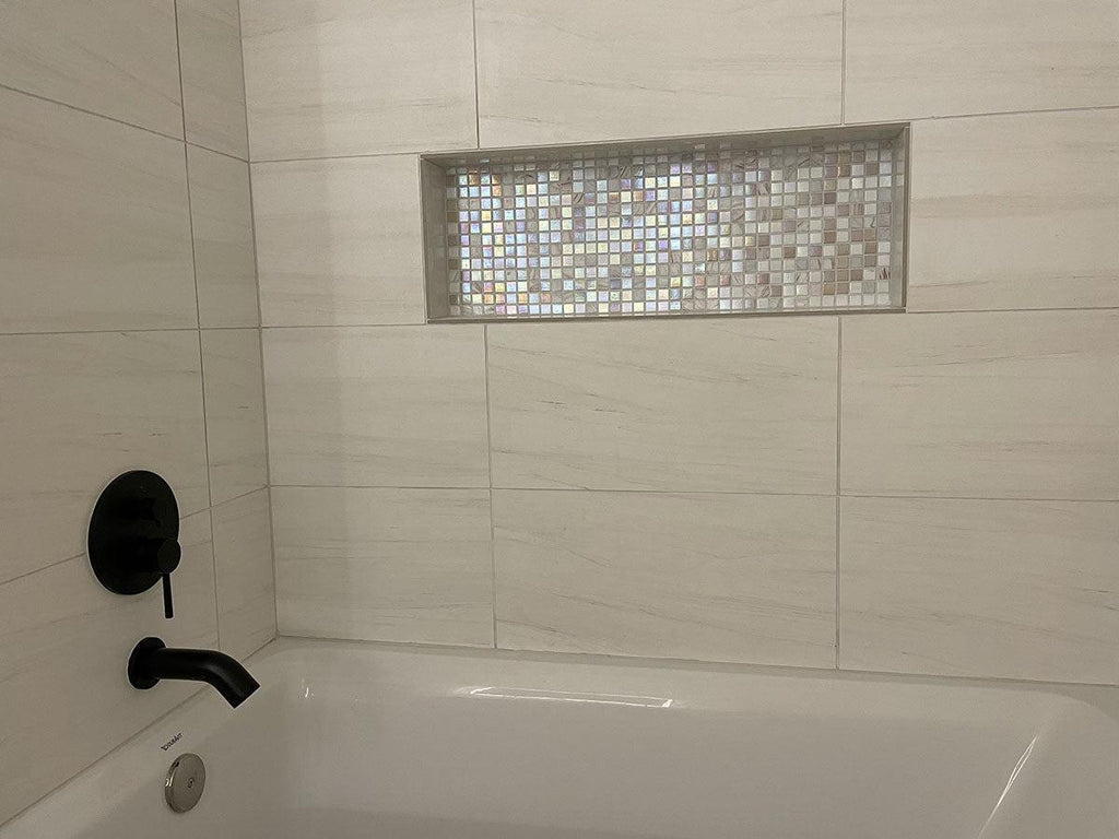 Soft Peach & White Mixed Squares Glass Tile | Tile Club