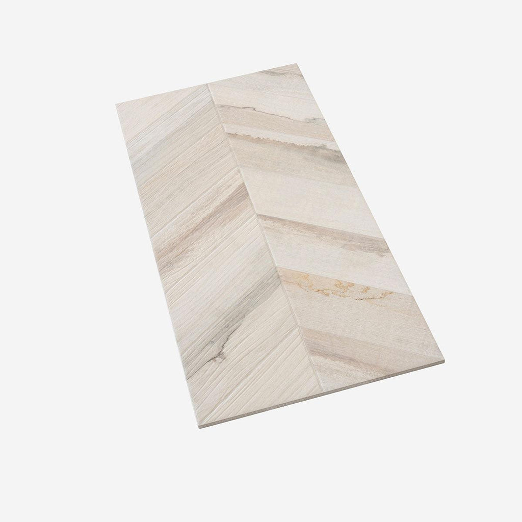 Spiga Olson Blanco Wood-Look Chevron Porcelain Tile | Tile Club