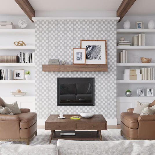 Mid Century Living Room with Sticks White Carrara Marble Mosaic Tiled Fireplace Surround