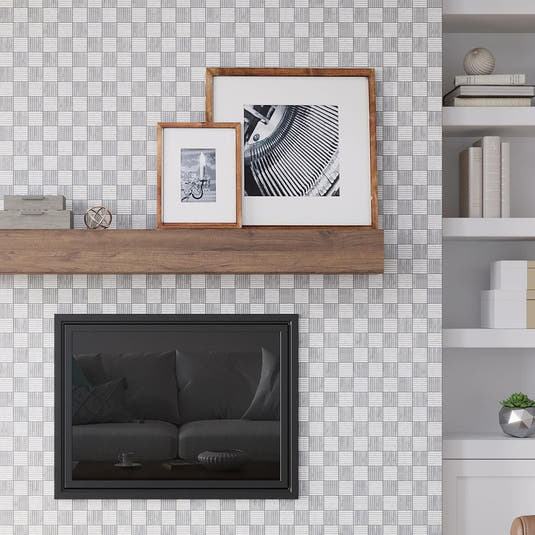 Wood Mantel for a Sticks White Carrara Marble Mosaic Tile Fireplace to add Pattern to a Minimalist Living Room
