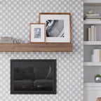 Wood Mantel for a Sticks White Carrara Marble Mosaic Tile Fireplace to add Pattern to a Minimalist Living Room