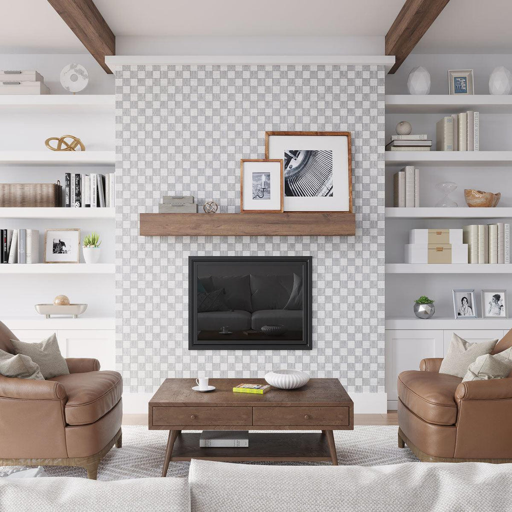 Mid Century Living Room with Sticks White Carrara Marble Mosaic Tiled Fireplace Surround