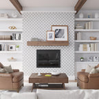 Mid Century Living Room with Sticks White Carrara Marble Mosaic Tiled Fireplace Surround