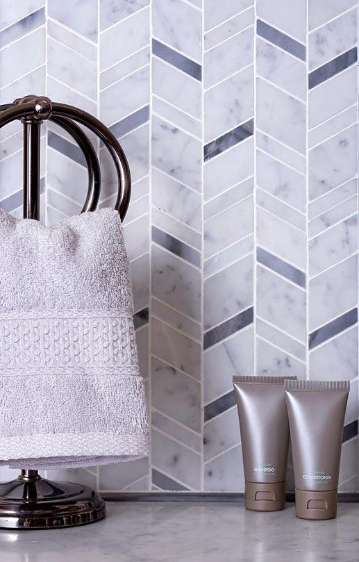 Striped Herringbone Carrara & Bardiglio Marble Mosaic Tile | Tile Club