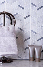 Striped Herringbone Carrara & Bardiglio Marble Mosaic Tile | Tile Club