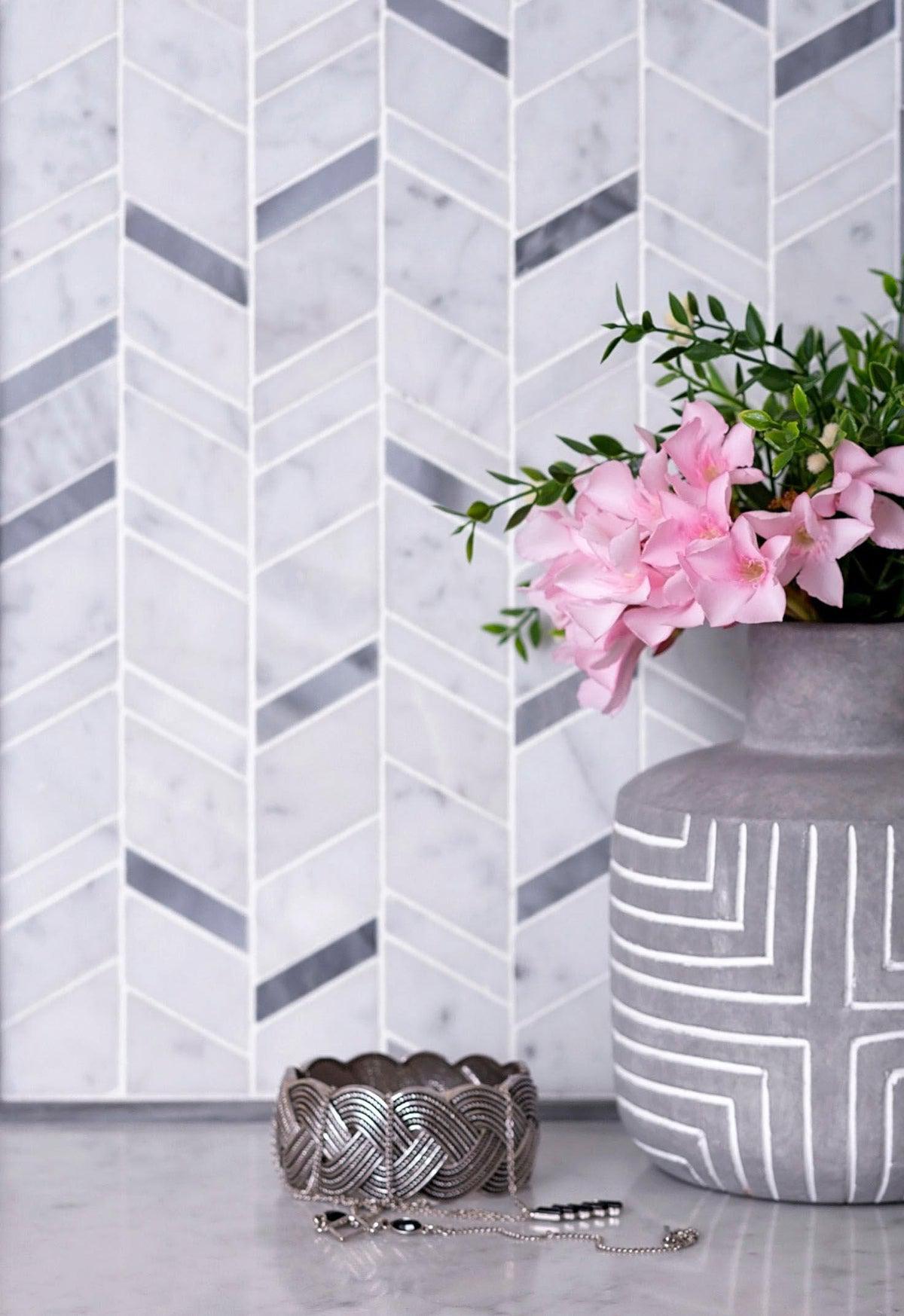 Striped Herringbone Carrara & Bardiglio Marble Mosaic Tile | Tile Club