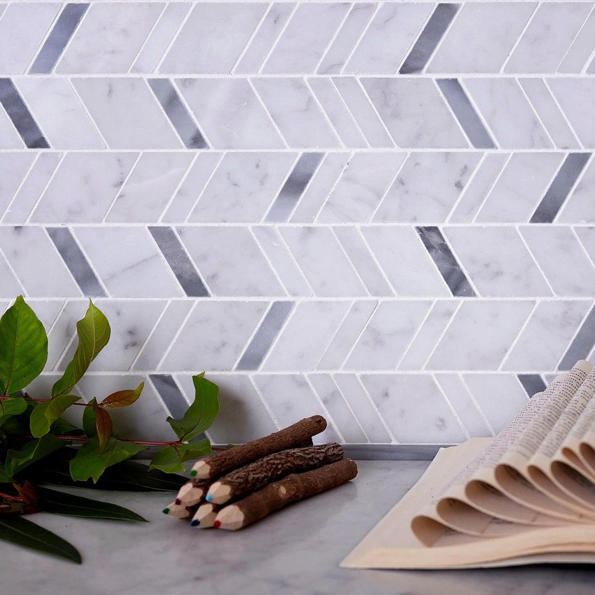 Striped Herringbone Carrara & Bardiglio Marble Mosaic Tile | Tile Club