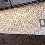 White Leaf Recycled Glass Mosaic Tile installed in a client's kitchen under dark wood stain cabinets