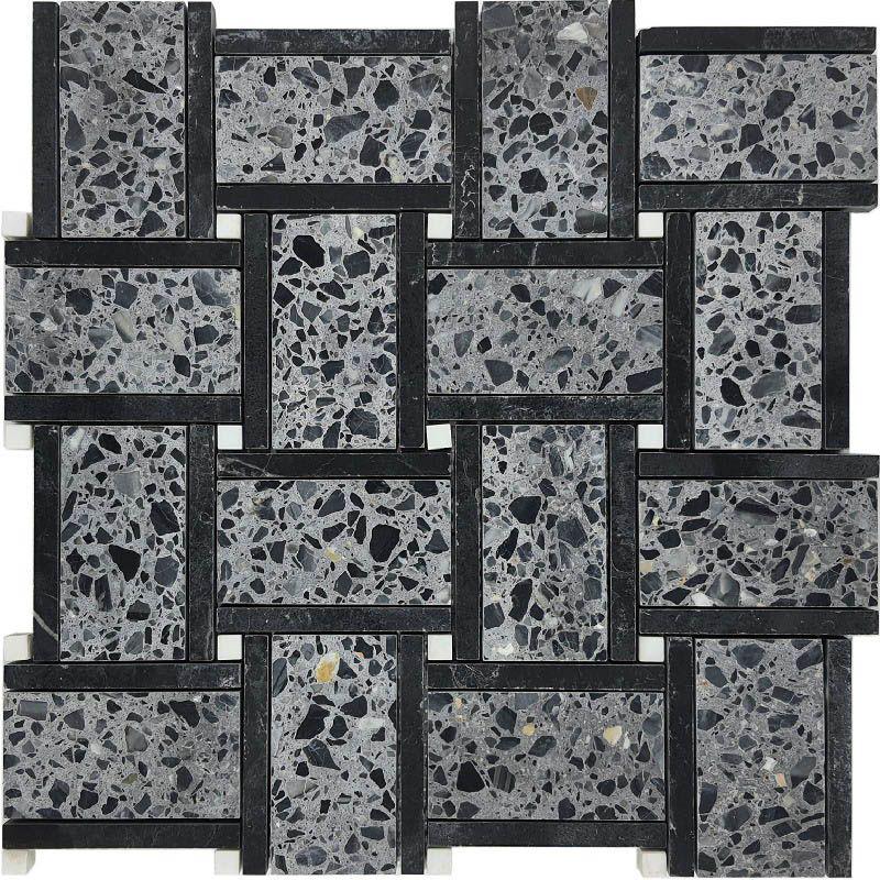 Black and Gray Terrazzo Basket Weave Mosaic Tile