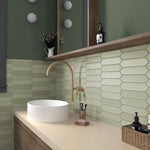 Green ceramic picket tile bathroom backsplash