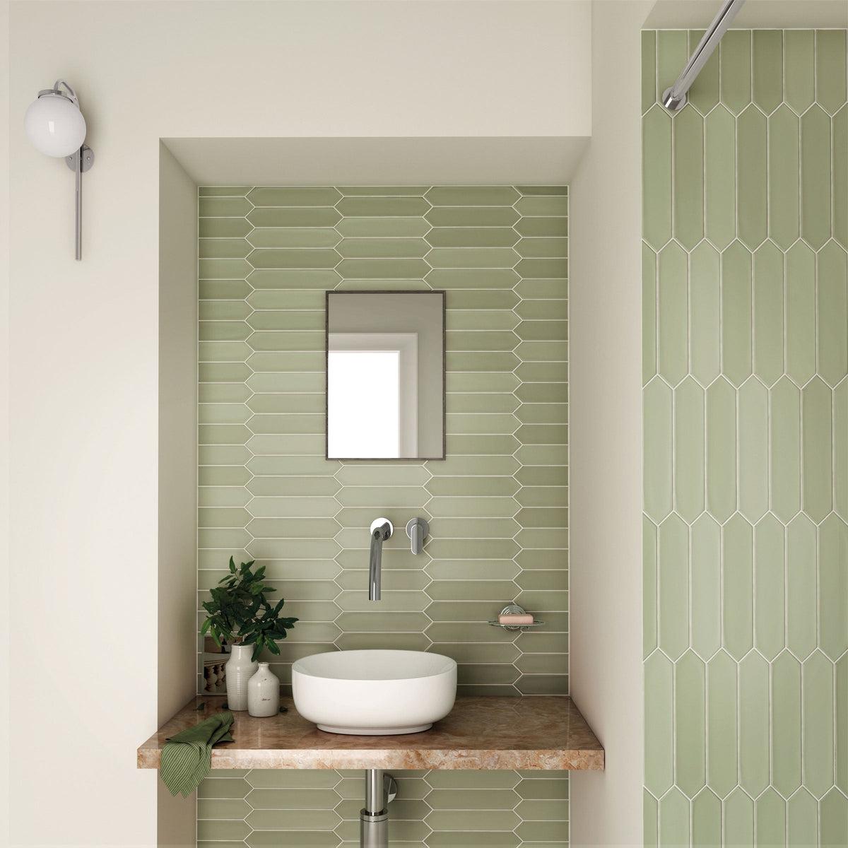 Green ceramic picket tile bathroom wall