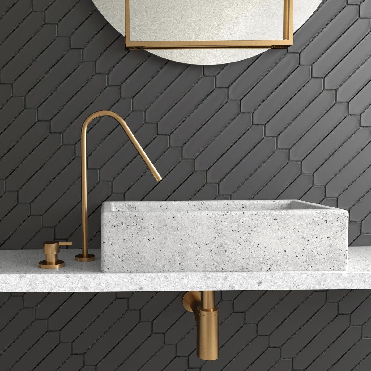 Black ceramic picket tile bathroom ink backsplash