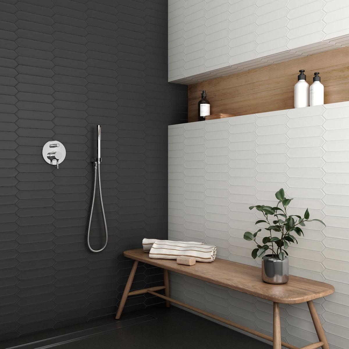 Black and white ceramic picket tile modern bathroom wall