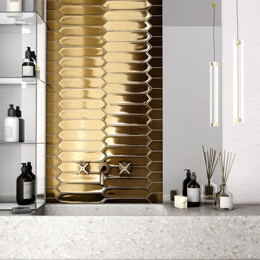 Gold ceramic picket tile bathroom sink backsplash
