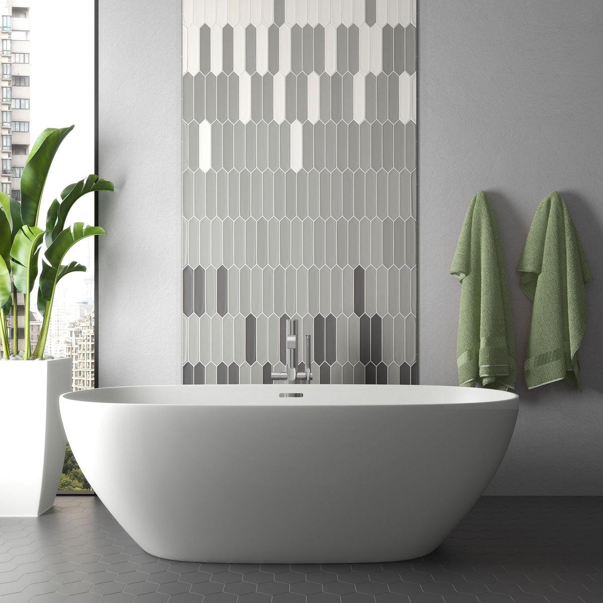 Gray white and black ceramic picket tile bathtub feature wall
