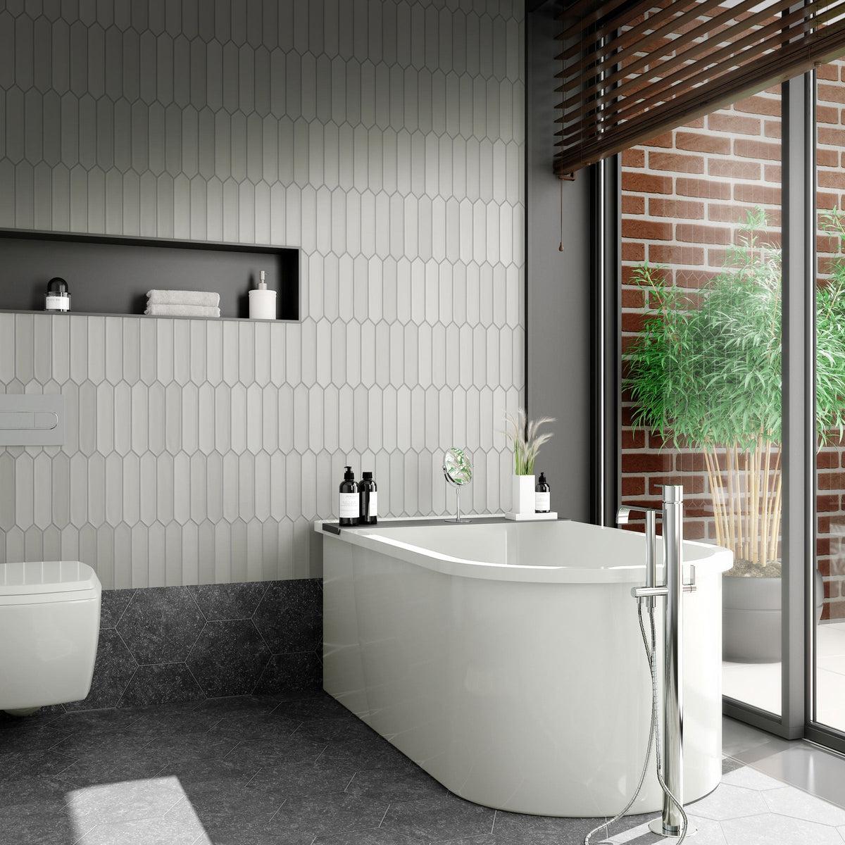 Gray ceramic picket tile bathroom feature wall