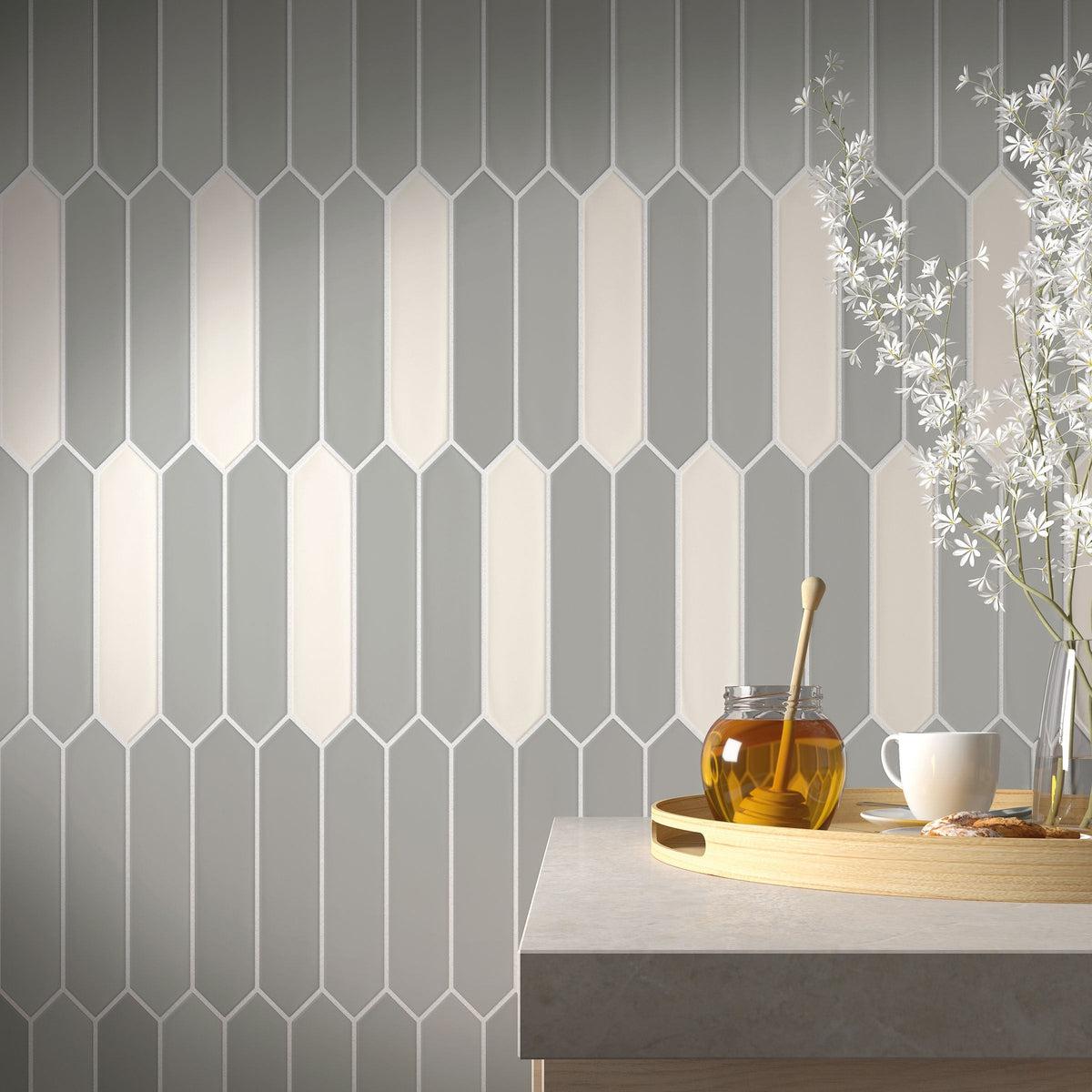 Gray and white ceramic picket tile wall