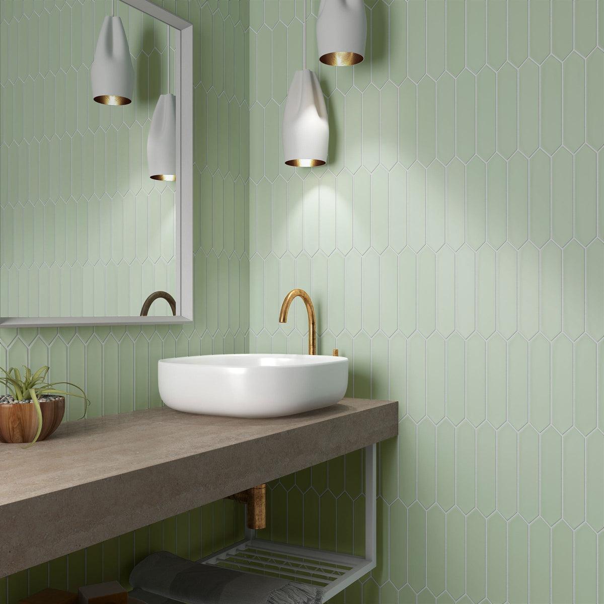 Mint green ceramic picket tile bathroom wall