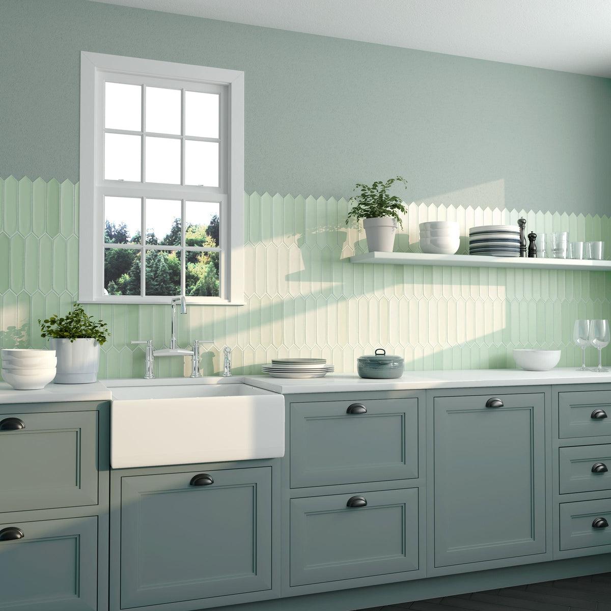 Mint green ceramic picket tile kitchen backsplash