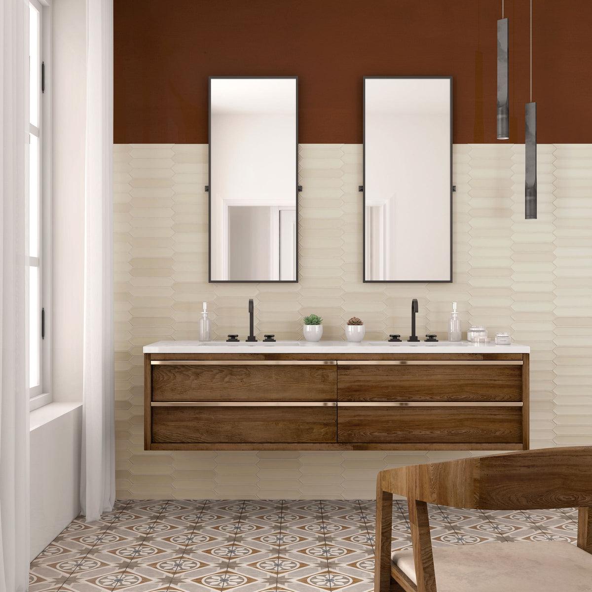 Tan ceramic picket tile bathroom wall