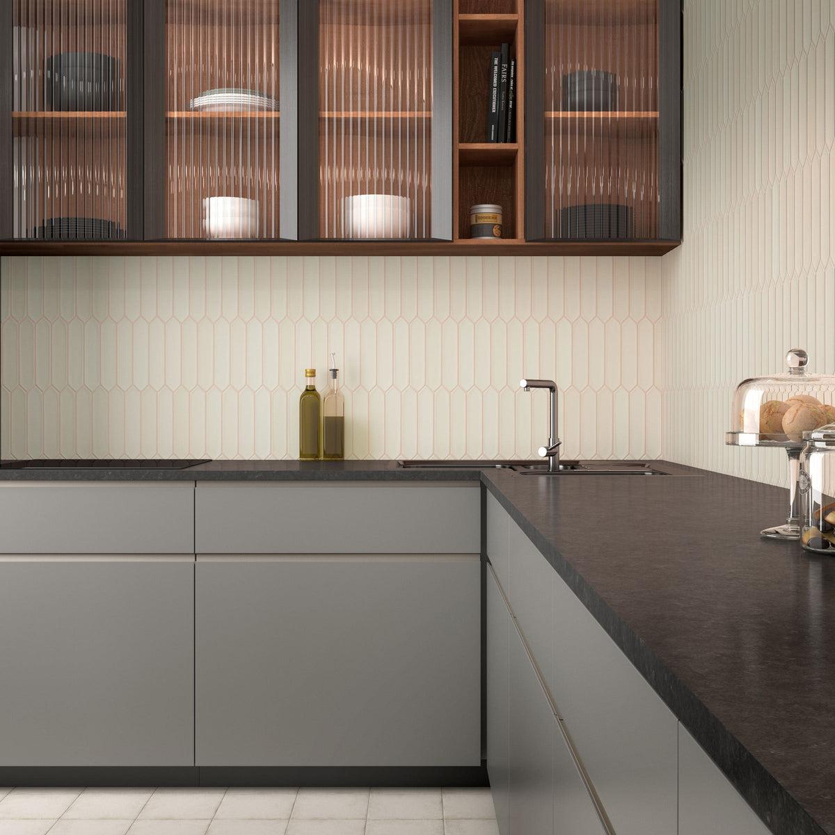 Tan ceramic picket tile kitchen backsplash