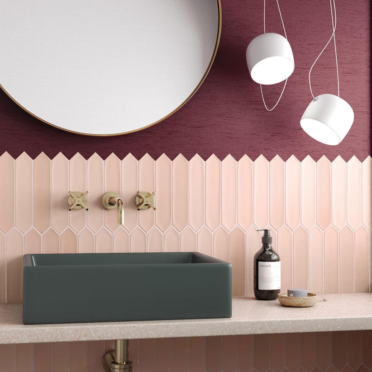 Rose pink ceramic picket bathroom backsplash tile