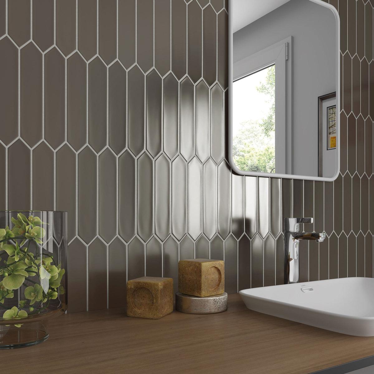 Silver ceramic picket tile bathroom sink backsplash