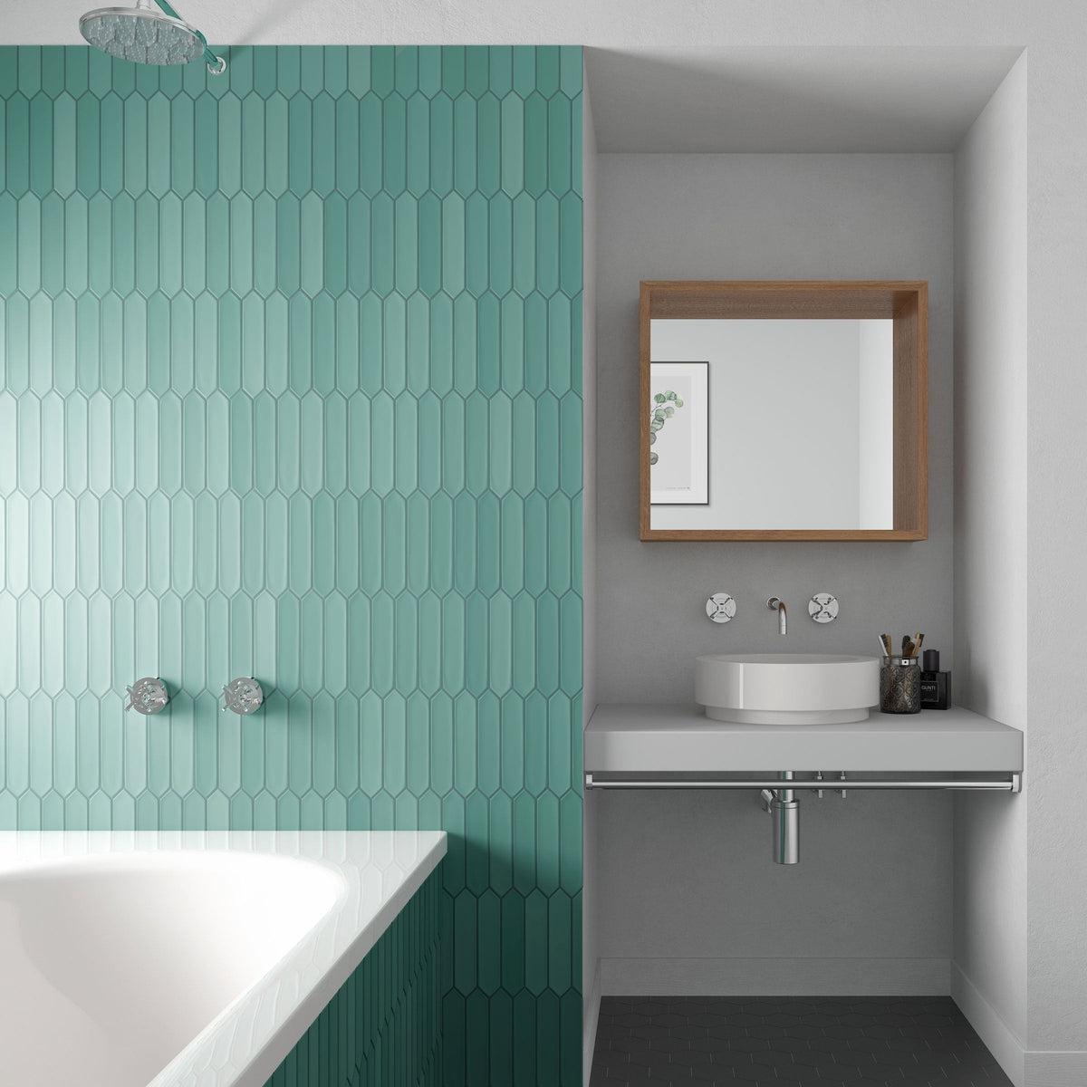 Green ceramic picket tile shower wall