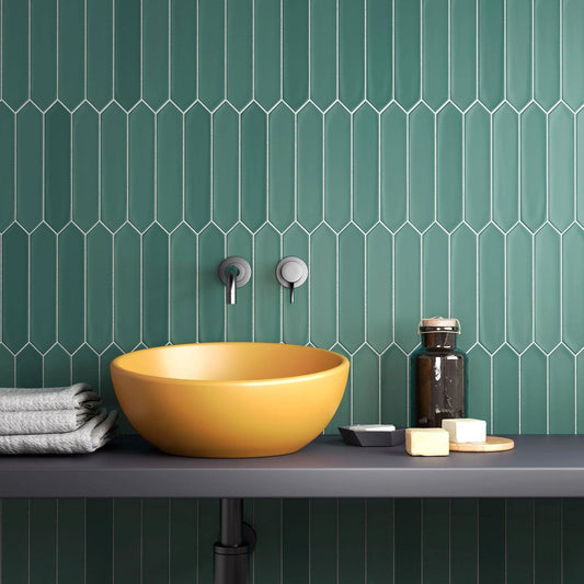 Green ceramic picket tile bathroom sink backsplash