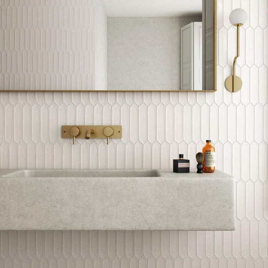 White ceramic picket tile bathroom sink backsplash