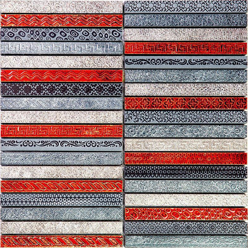 Red & Grey Etched Linear Mosaic Tile Sample