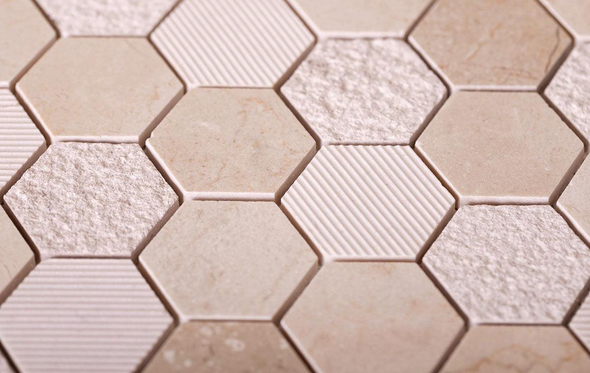 Textured Crema Marfil Honeycomb Hexagon Marble Mosaic Tile | Tile Club