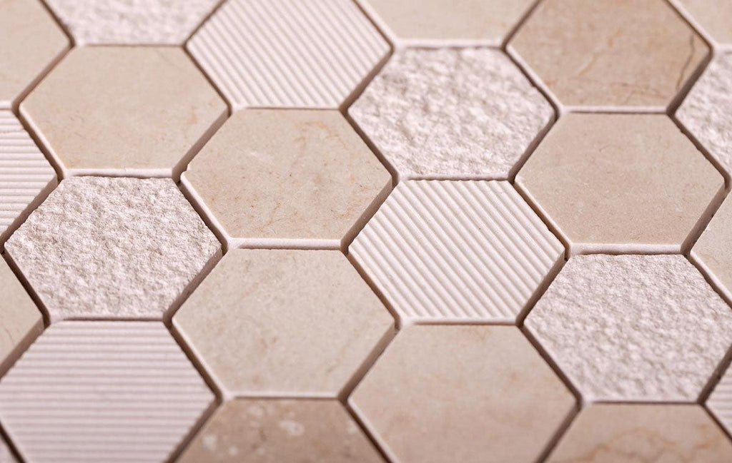 Textured Crema Marfil Honeycomb Hexagon Marble Mosaic Tile | Tile Club