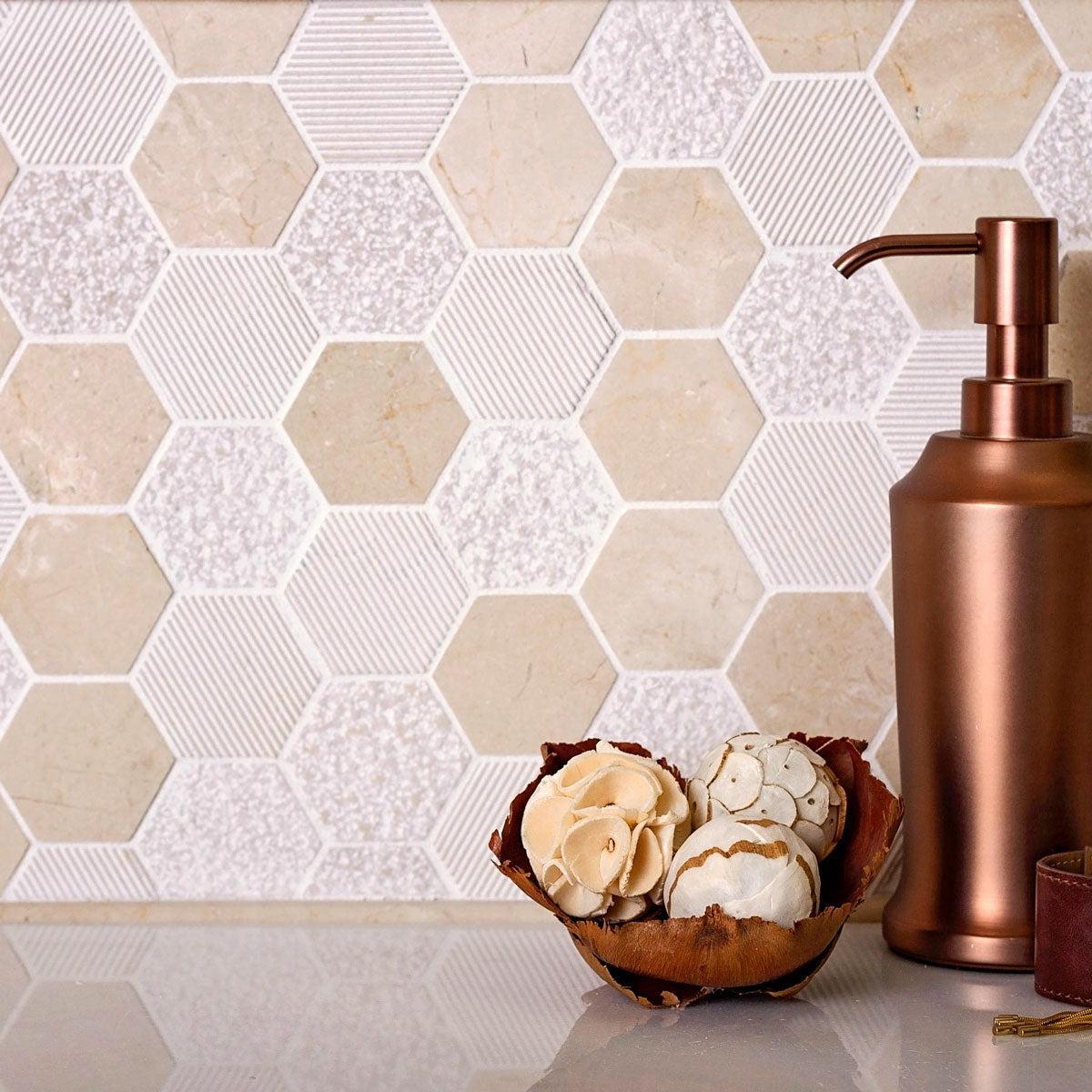 Textured Crema Marfil Honeycomb Hexagon Marble Mosaic Tile
