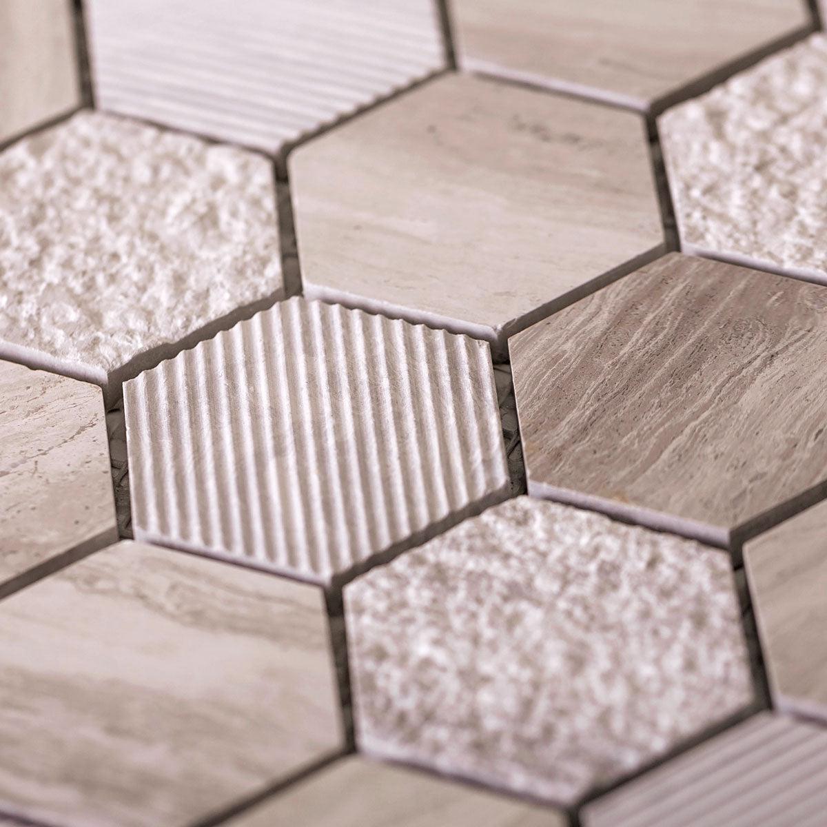 Textured Wooden Beige Honeycomb Hexagon Marble Mosaic Tile
