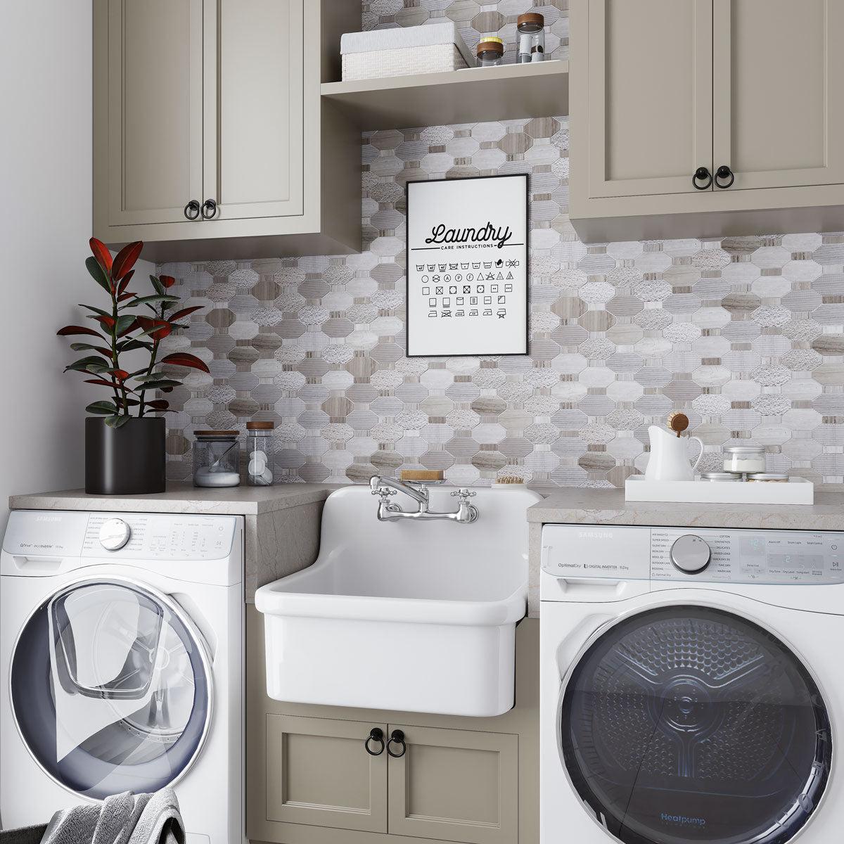 Rustic Laundry Room with Textured Elongated Wooden Beige Hexagon Marble Mosaic Tile Backsplash