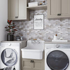 Rustic Laundry Room with Textured Elongated Wooden Beige Hexagon Marble Mosaic Tile Backsplash