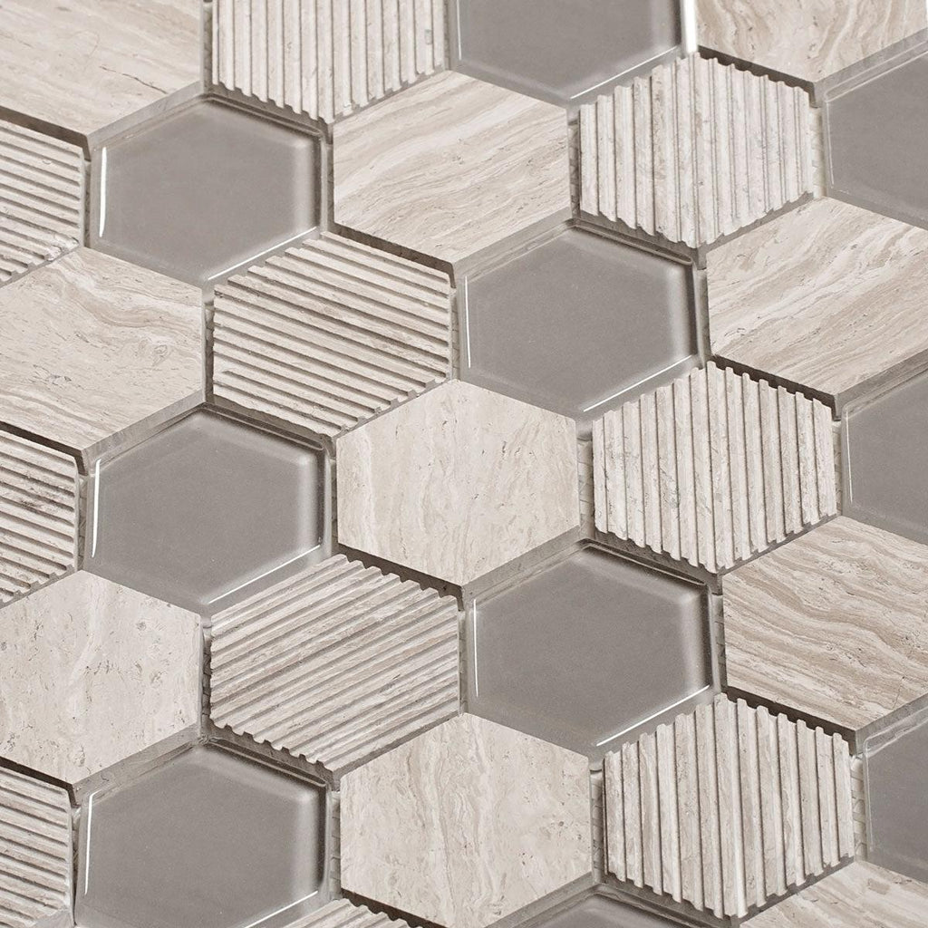 Textured Wooden Beige And Glass Hexagon Mosaic Tile