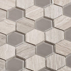 Textured Wooden Beige And Glass Hexagon Mosaic Tile