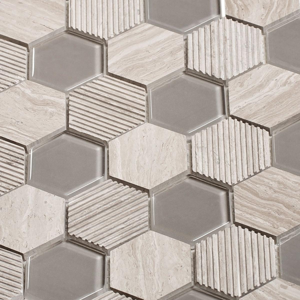 Textured Wooden Beige And Glass Hexagon Mosaic Tile
