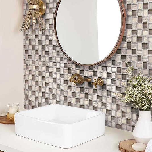 Textured Mini Brick Wooden Beige And Glass Mosaic Tile