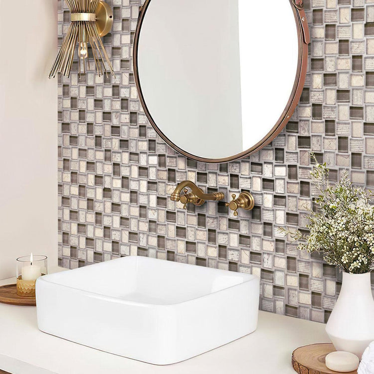 Textured Mini Brick Wooden Beige And Glass Mosaic Tile