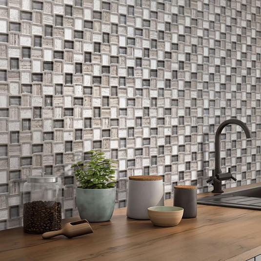 Textured Mini Brick Wooden Beige And Glass Mosaic Wall Tile