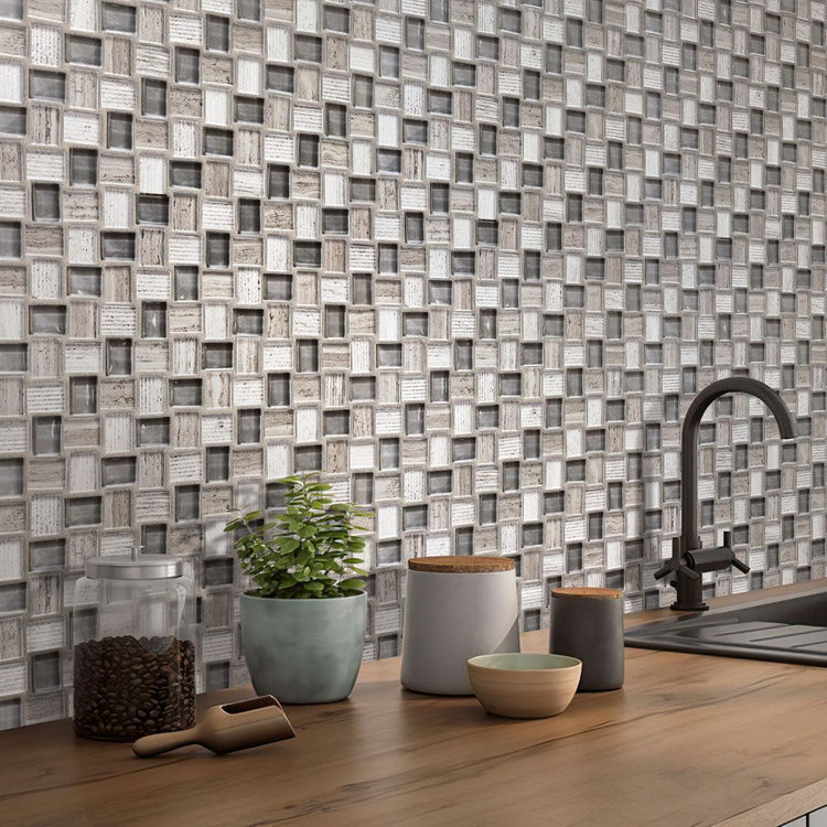 Textured Mini Brick Wooden Beige And Glass Mosaic Wall Tile