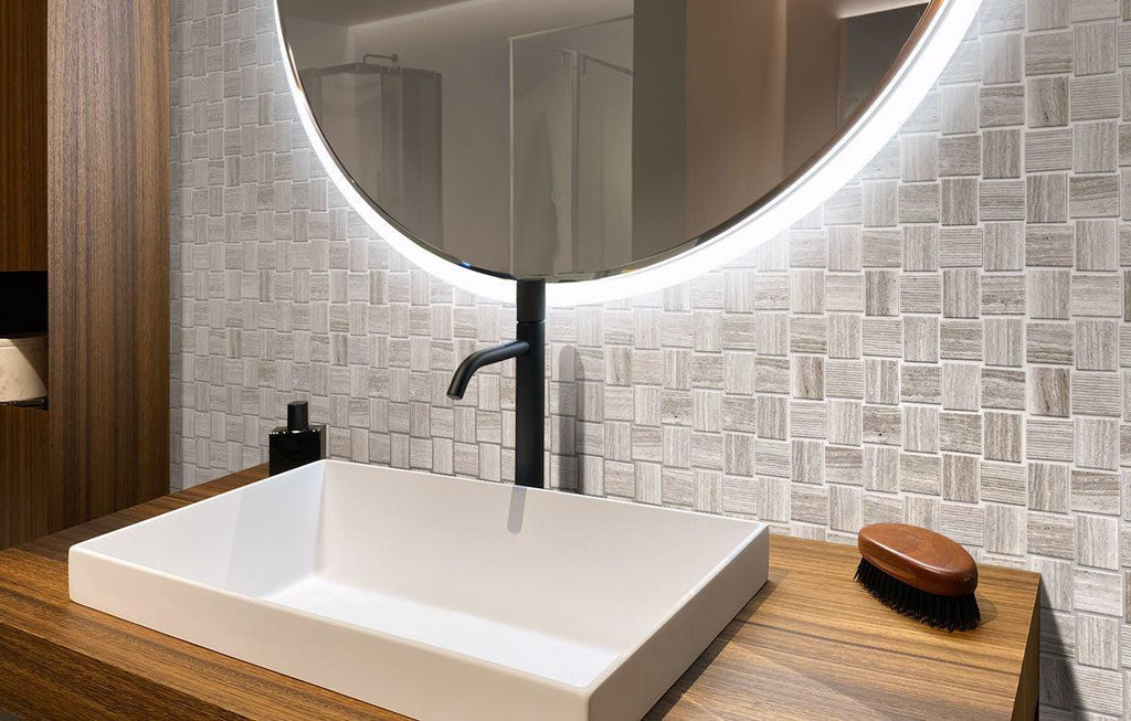 Textured Wooden Beige Brick Marble Mosaic Tile | Tile Club