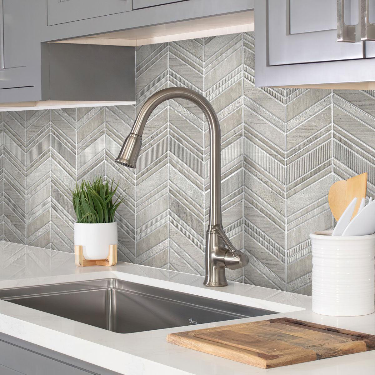 Textured Wooden Beige Chevron Marble Mosaic Tile | Tile Club