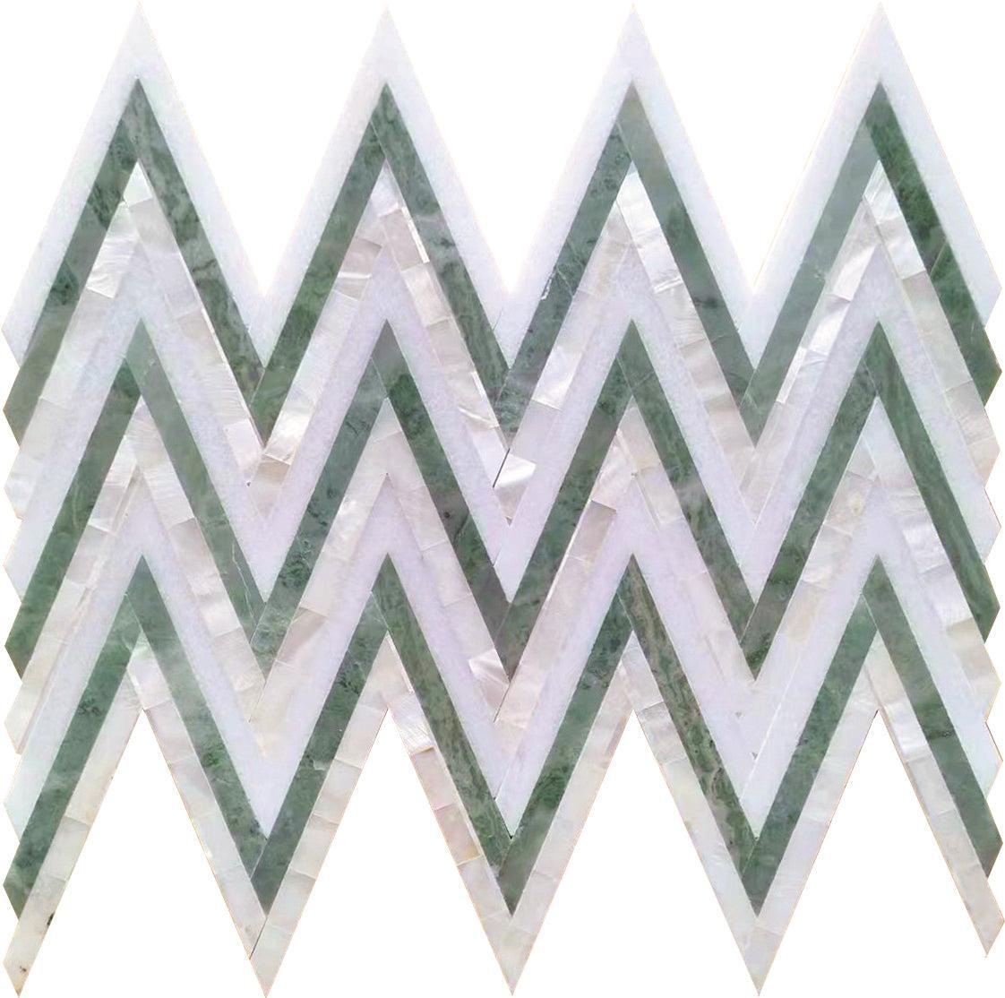 Envy Skinny Chevron Pearl Green Marble and Shell Tile | Tile Club