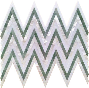 Envy Skinny Chevron Pearl Green Marble and Shell Tile Sample